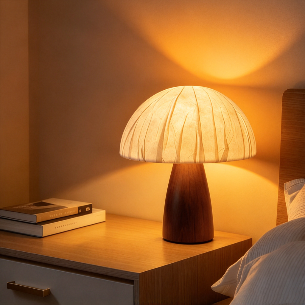 Vintage Holz Pilz Tischlampe mit Kippschalter – Retro Nachttischlampe aus Massivholz, 9W LED mit 3 Lichtfarben, Eleganter Plissee Schirm für Schlafzimmer & Arbeitszimmer