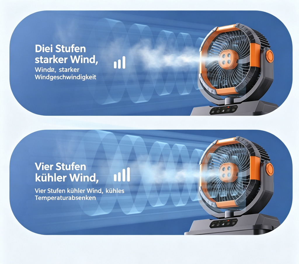 Multifunktions Camping Ventilator mit Licht & Sprühnebel: Oszillierender USB-Akku-Lüfter für Zelt