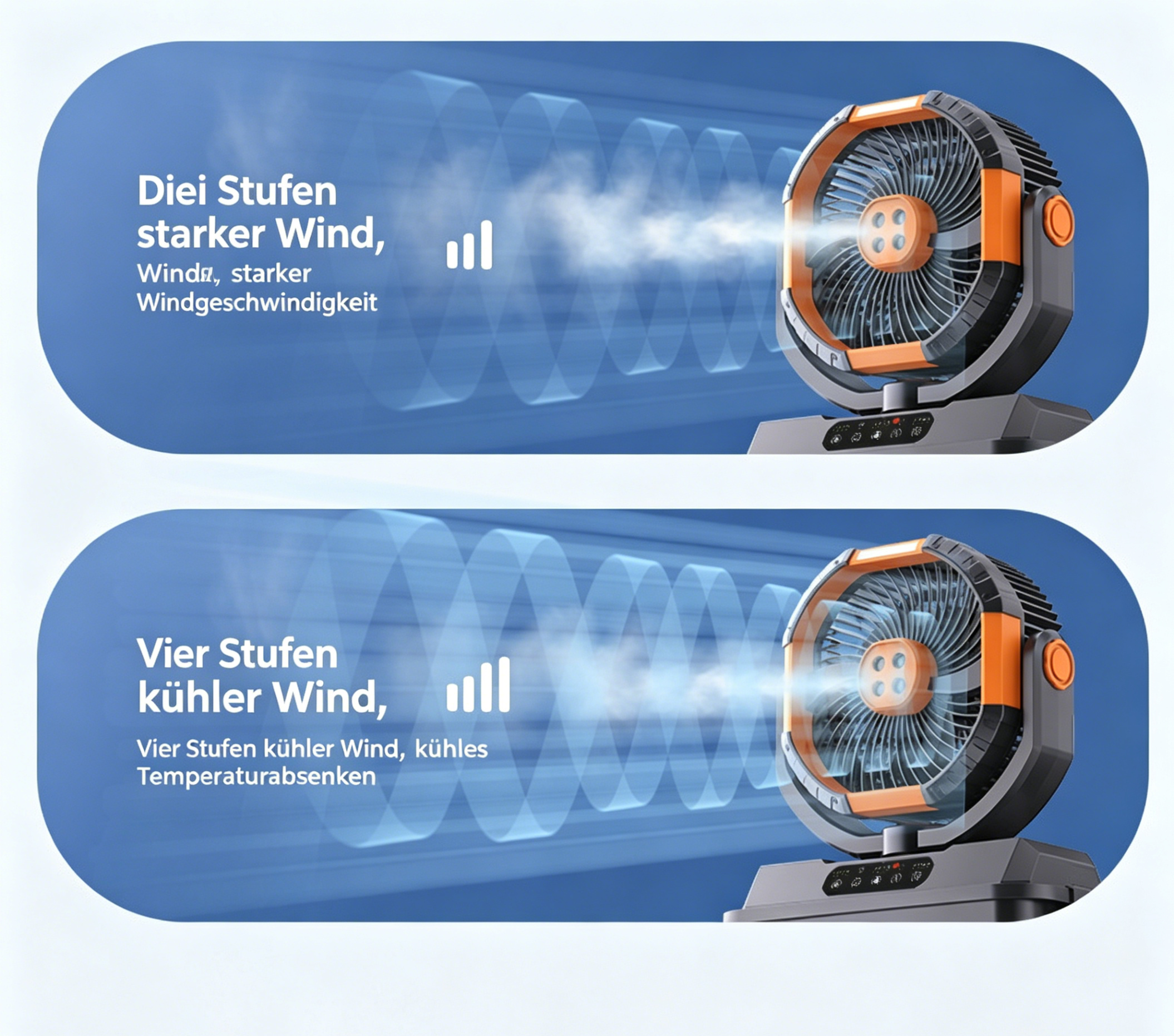 Multifunktions Camping Ventilator mit Licht & Sprühnebel: Oszillierender USB-Akku-Lüfter für Zelt