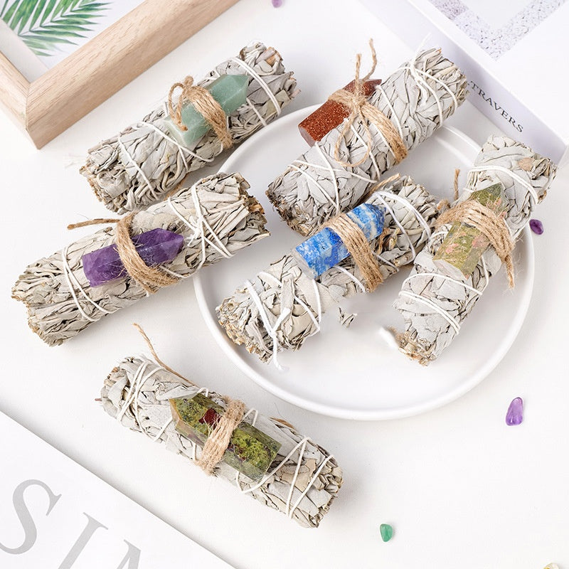 Premium Salbei Räucher-Set – Weißer Salbei aus Kalifornien mit Edelstein-Kristallsäule – Spirituelles Reinigungs-Set für Zuhause – Meditation & Yoga Zubehör – Natürliches Aroma