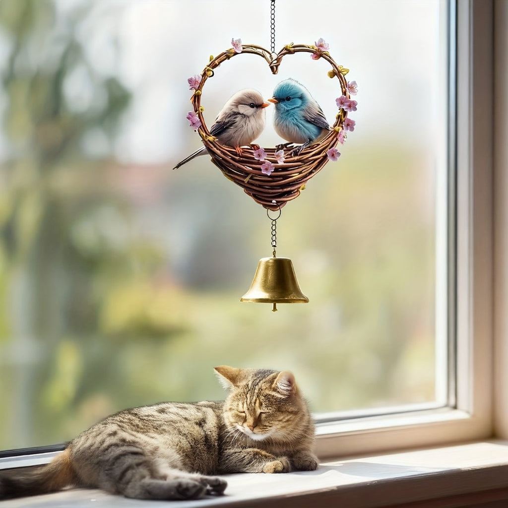 Mini Windspiel Valentinstag – Kleines Herz & Vogel Design 10x10cm – Romantische Fensterdeko & Gartenstecker – Hängende Dekoration für Verliebtsein – Ideales Kleines Geschenk & Mitbringsel