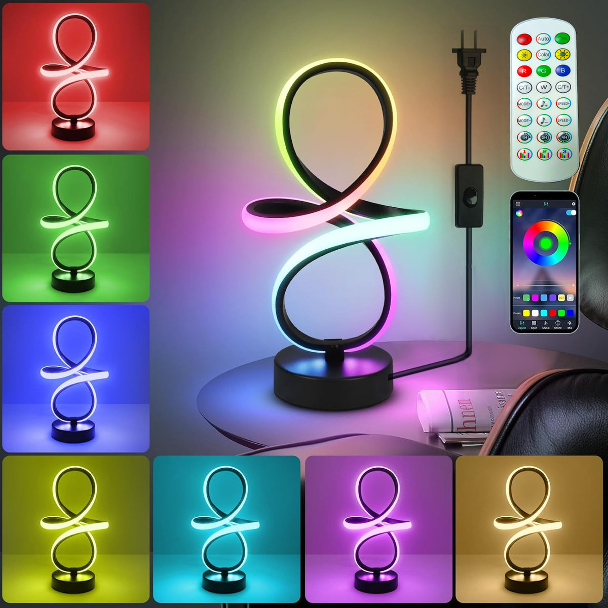 20.5*12.5*42CM Moderne RGB LED Tischleuchte Spiral – Dimmbare Smart Nachttischlampe
