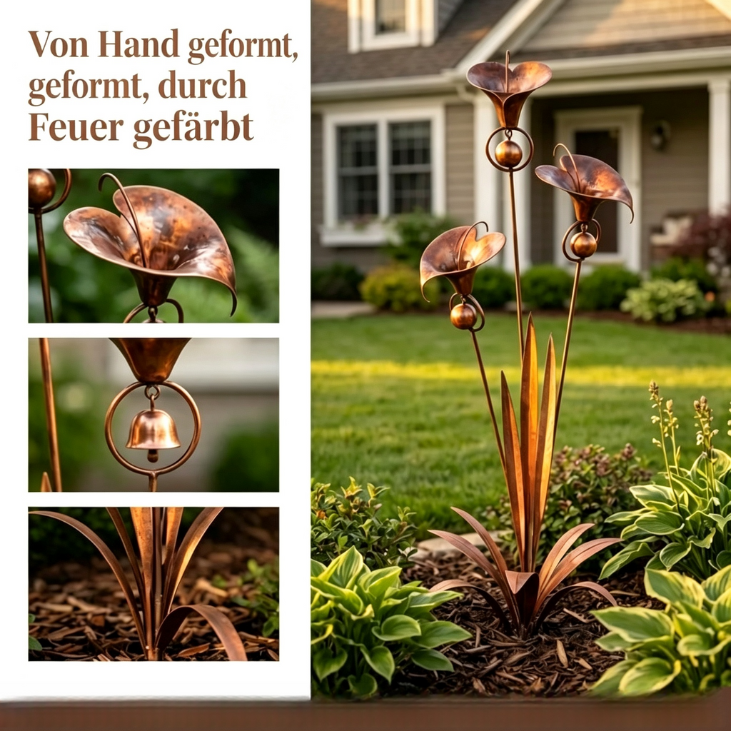 Handgefertigter Gartenstecker aus Kupfer im Calla-Design mit Windspiel – Rustikaler Metall-Blumenstecker für Garten, Beet & Terrasse