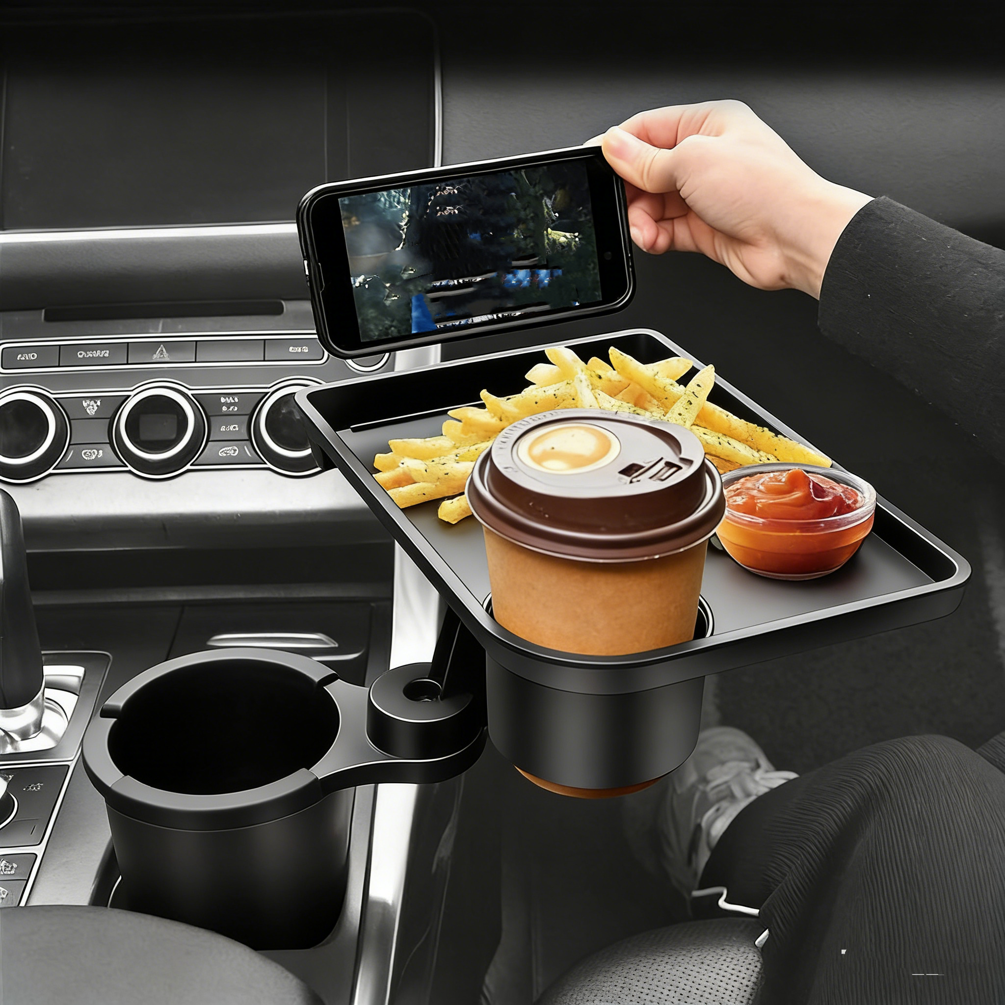 2 in 1 Auto Getränkehalter Expander mit Abnehmbarem Tablett Multifunktionaler Autotisch für Getränke und Snacks Verstellbare Halterung für Becher und Kaffee