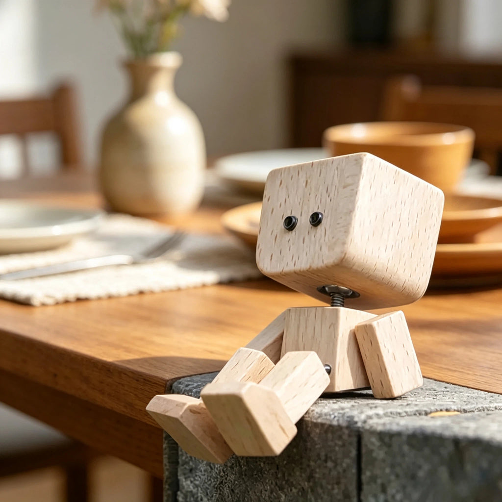 Niedliche Holz Roboter Figur mit Wechselbaren Gesichtern – Handgefertigte Deko Holzpuppe für Schreibtisch, Wohnzimmer & Kinderzimmer – Kreative Geschenkidee für Kinder & Erwachsene