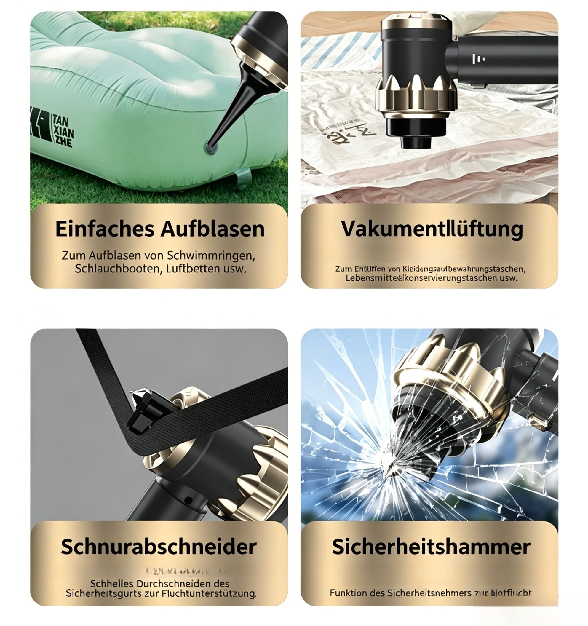 4-in-1 Akku-Autostaubsauger bürstenlos: Kabelloser Handstaubsauger mit Blasfunktion & Notfallhammer