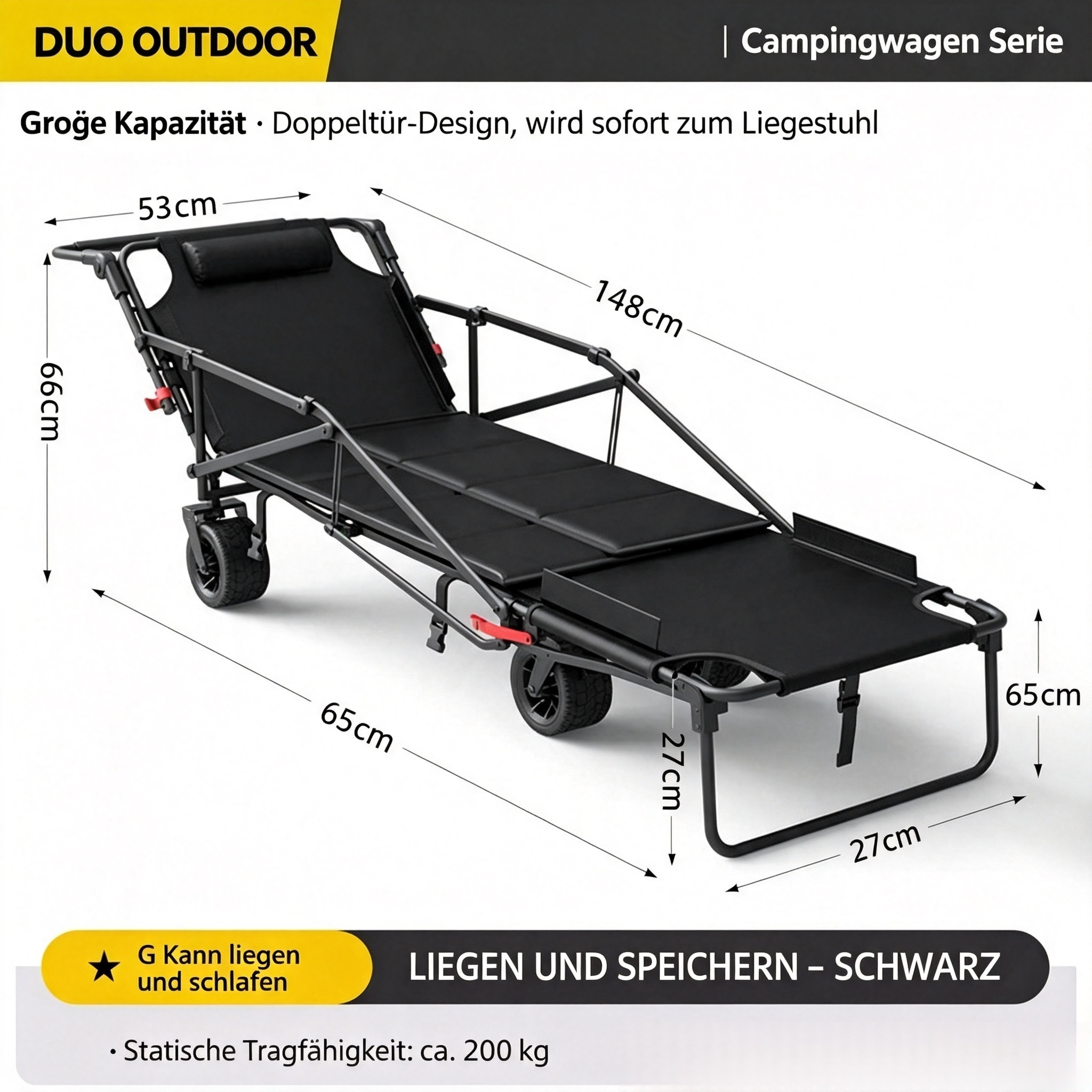 3-in-1 Bollerwagen Faltbar mit Liegefunktion (Bis 200 kg) – Allterrain Transportwagen Klappbar mit 360° Rädern – Handwagen für Camping, Strand, Garten & Einkauf