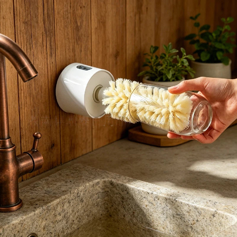 Elektrische Flaschenbürste 360° Drehbar – Wiederaufladbare Spülbürste für Gläser, Babyflaschen & Thermosbecher – Wandmontage mit Saugnapf & USB-C – BPA-frei & IPX5 Wasserabweisend