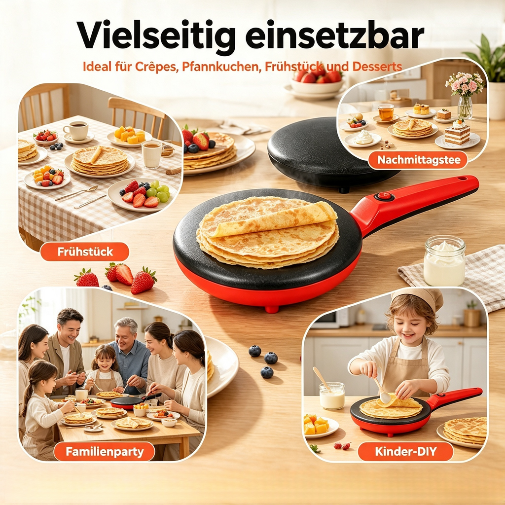 Elektrischer Crêpes-Maker 650W – Antihaft Pfannkuchenmaker mit 1-Knopf-Bedienung – Schneller & Leichter Crepe Maker für Hauchdünne Crêpes, Pancakes & Tortillas (Rot / Schwarz)