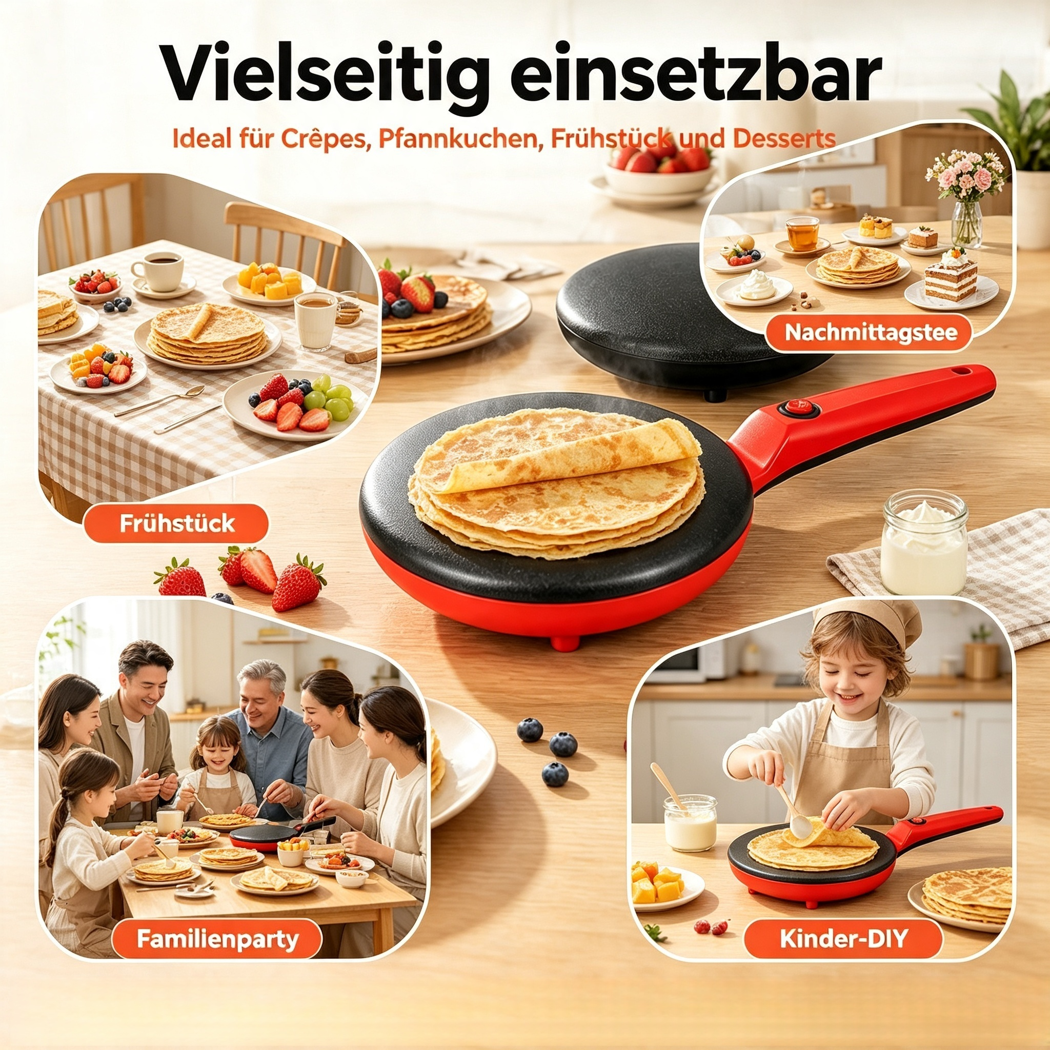 Elektrischer Crêpes-Maker 650W – Antihaft Pfannkuchenmaker mit 1-Knopf-Bedienung – Schneller & Leichter Crepe Maker für Hauchdünne Crêpes, Pancakes & Tortillas (Rot / Schwarz)