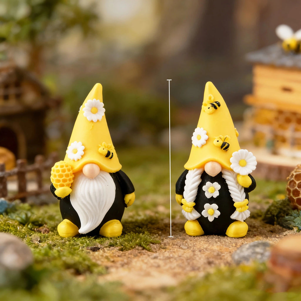 4er-Set Bienen-Wichtel Figuren – Niedliche Gartenzwerge im Bienen- & Blumen-Design, Miniatur Deko-Gnome aus Harz für Garten, Balkon, Blumenkübel & Tischdeko