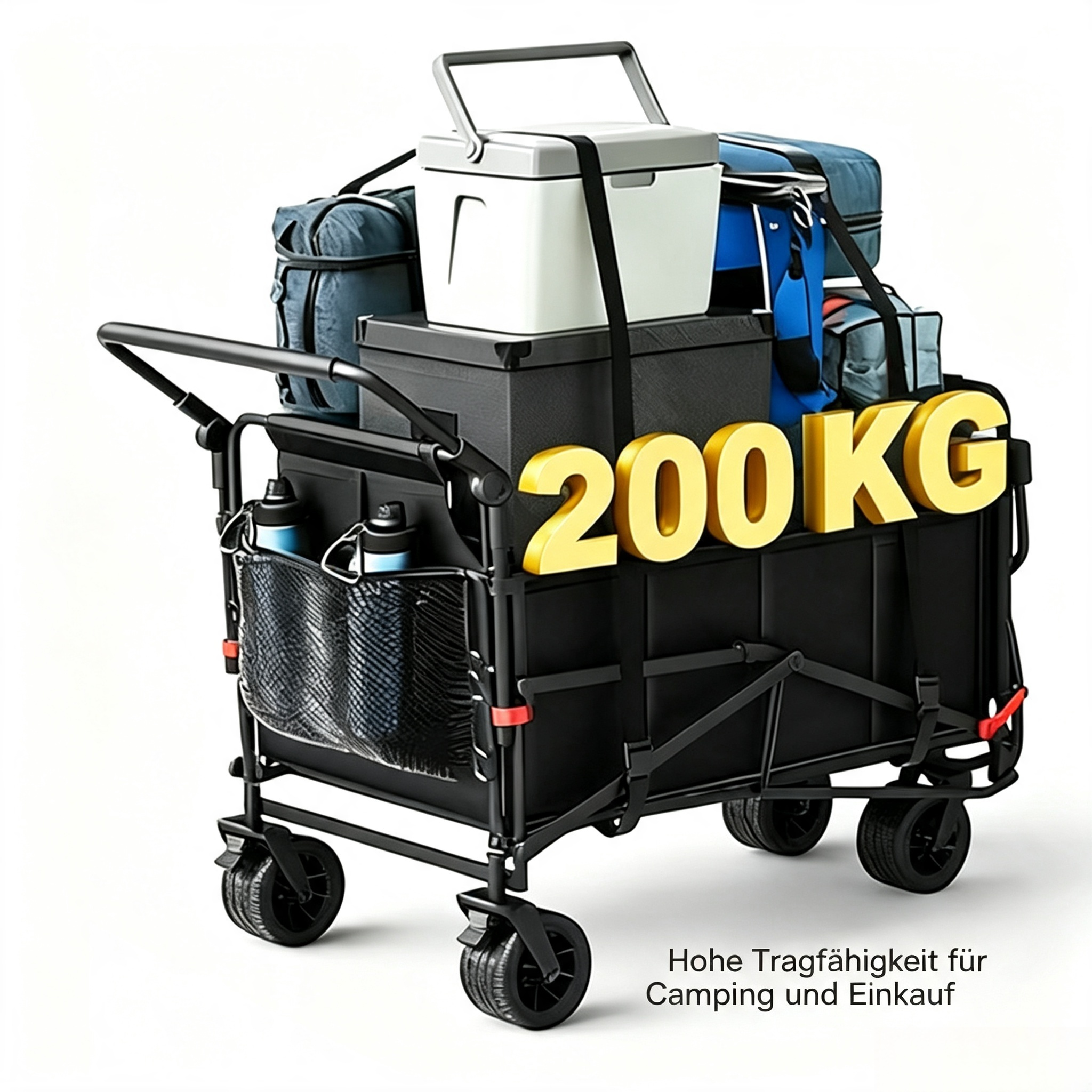 3-in-1 Bollerwagen Faltbar mit Liegefunktion (Bis 200 kg) – Allterrain Transportwagen Klappbar mit 360° Rädern – Handwagen für Camping, Strand, Garten & Einkauf