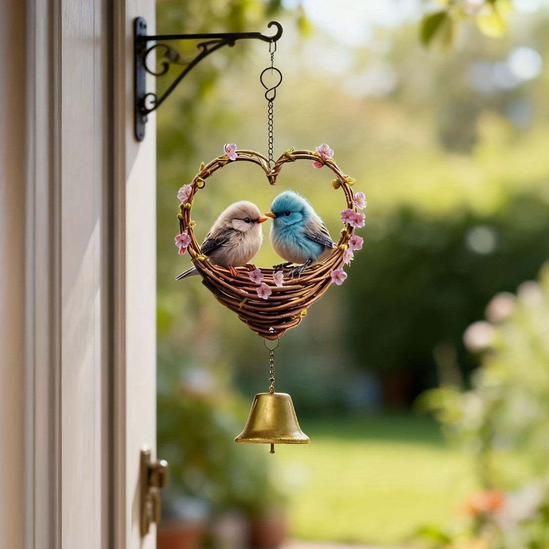 Mini Windspiel Valentinstag – Kleines Herz & Vogel Design 10x10cm – Romantische Fensterdeko & Gartenstecker – Hängende Dekoration für Verliebtsein – Ideales Kleines Geschenk & Mitbringsel
