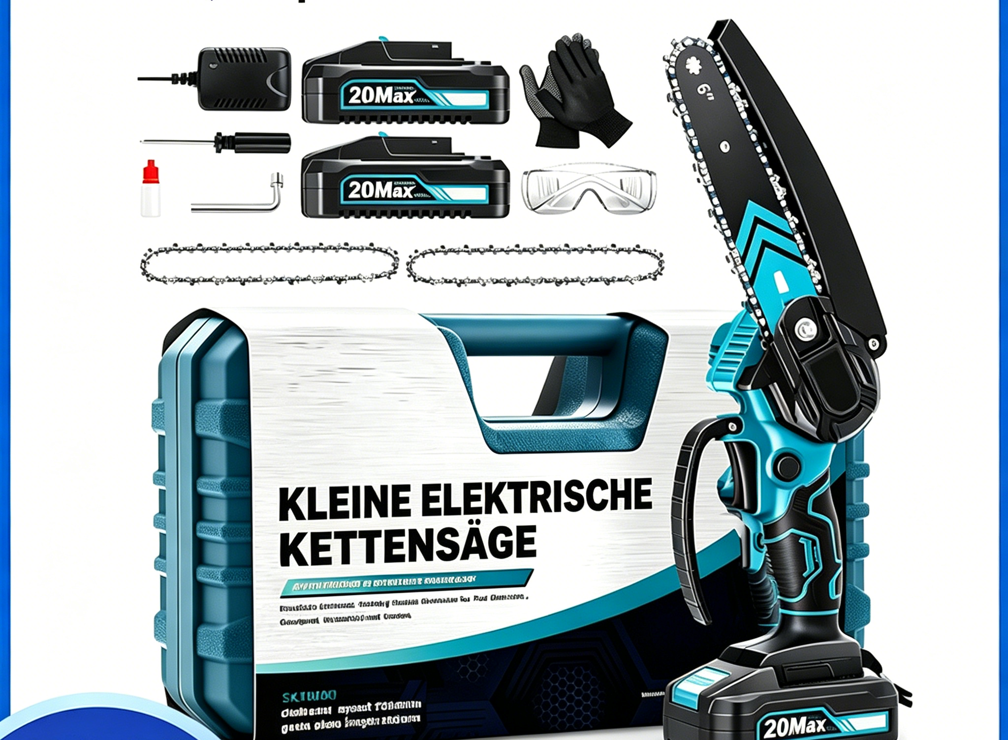 6 Zoll Mini-Akku-Kettensäge Set: Einhand-Kettensäge mit 2 Akkus, 2 Ketten & Koffer