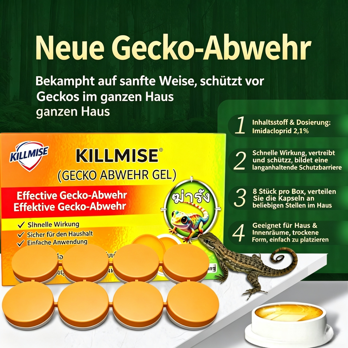 Gecko-Abwehr Gel (2er-Pack / 16 Stück) – Effektives Mittel gegen Geckos & Eidechsen, Sanfte & Schnelle Abwehr für Haus & Innenräume, Langanhaltende Schutzbarriere