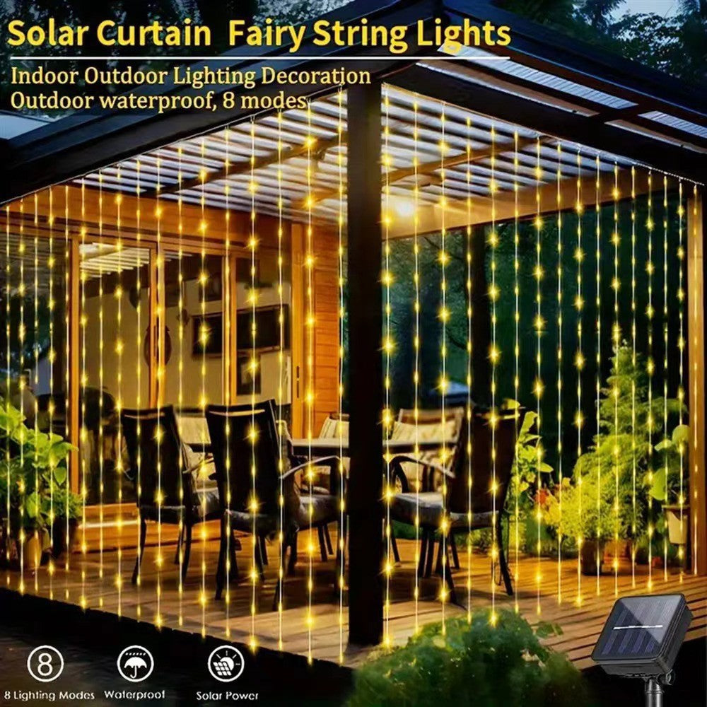 Solar Vorhang Lichterkette Außen 3x2m – LED Lichtvorhang mit Fernbedienung & Haken, IP65 Wasserdicht, 8 Modi, Für Garten, Terrasse, Balkon & Hochzeit (Warmweiß)