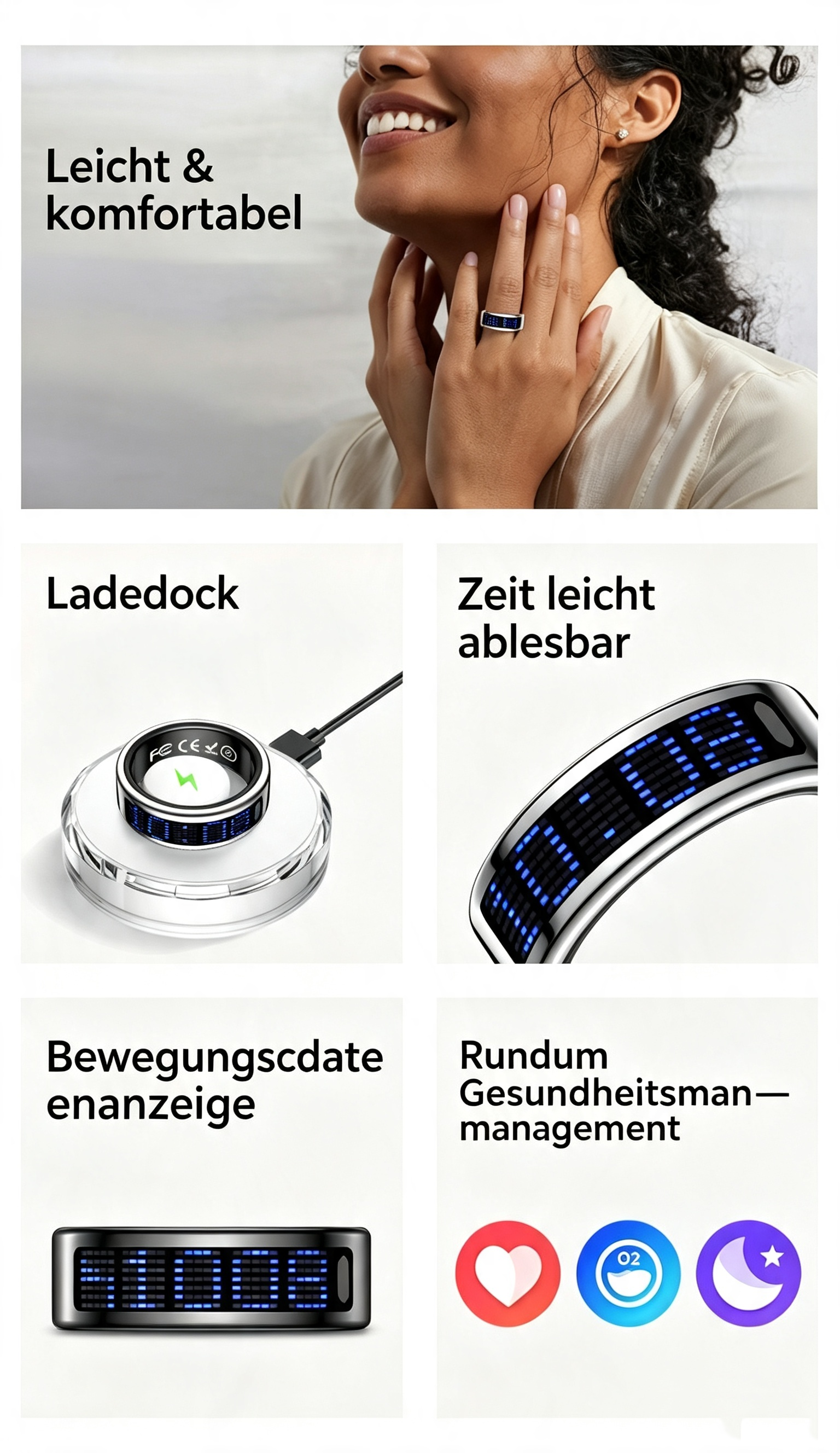 Smart Ring mit LED-Display & Gestensteuerung – IP68 Wasserdichter Fitness Tracker (4-6g) – Herzfrequenz, SpO2, Schlaf- & Schrittzähler, Anrufbenachrichtigung