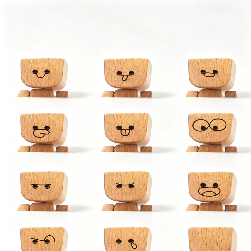 Niedliche Holz Roboter Figur mit Wechselbaren Gesichtern – Handgefertigte Deko Holzpuppe für Schreibtisch, Wohnzimmer & Kinderzimmer – Kreative Geschenkidee für Kinder & Erwachsene