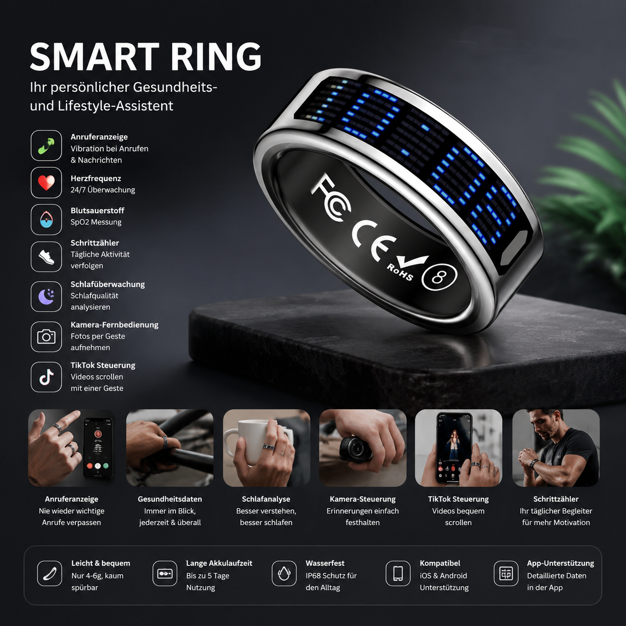 Smart Ring mit LED-Display & Gestensteuerung – IP68 Wasserdichter Fitness Tracker (4-6g) – Herzfrequenz, SpO2, Schlaf- & Schrittzähler, Anrufbenachrichtigung