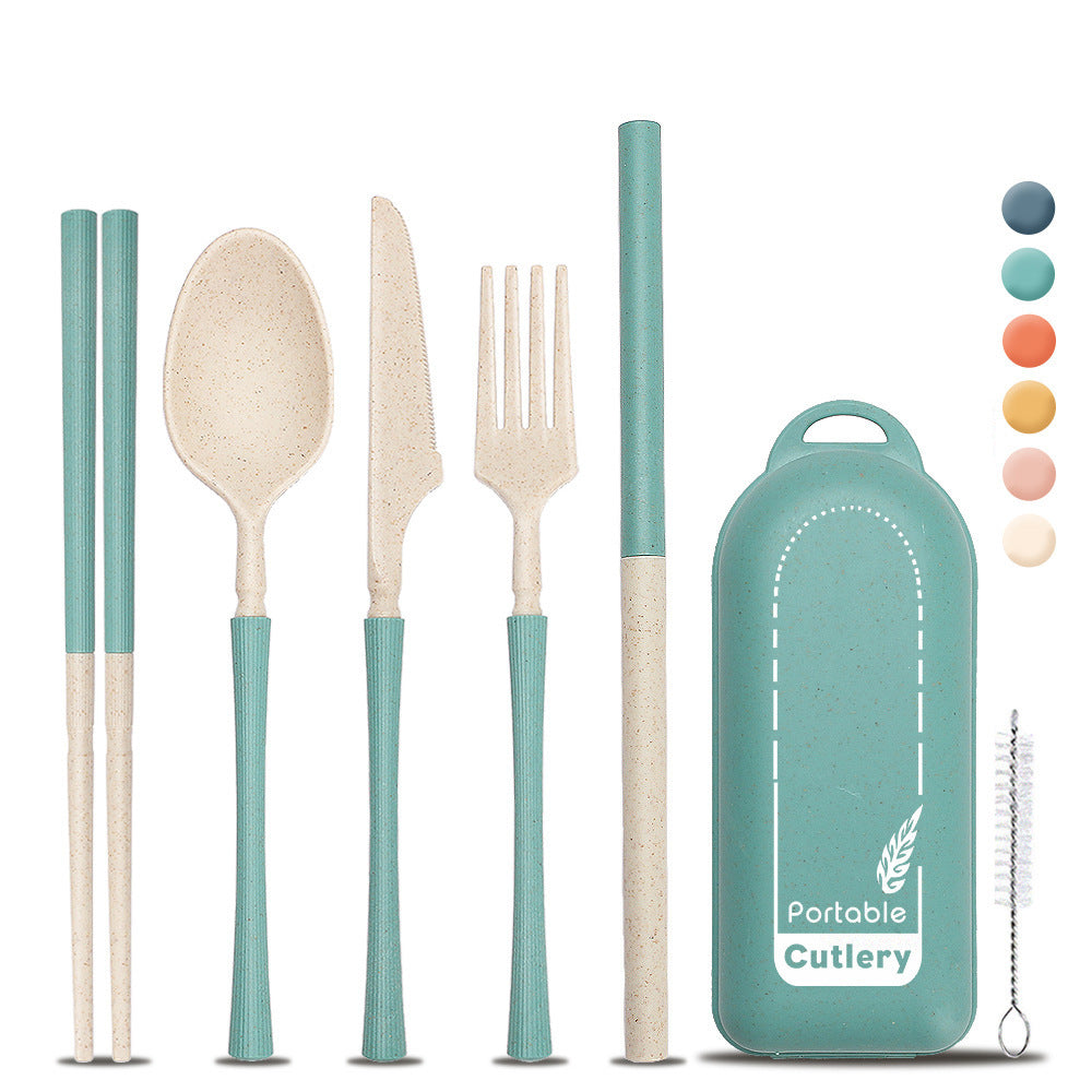 5-in-1 Reisebesteck Set Orange – Nachhaltiges Weizenstroh Besteck-Set mit Box – Löffel, Gabel, Stäbchen & Strohhalm für Unterwegs
