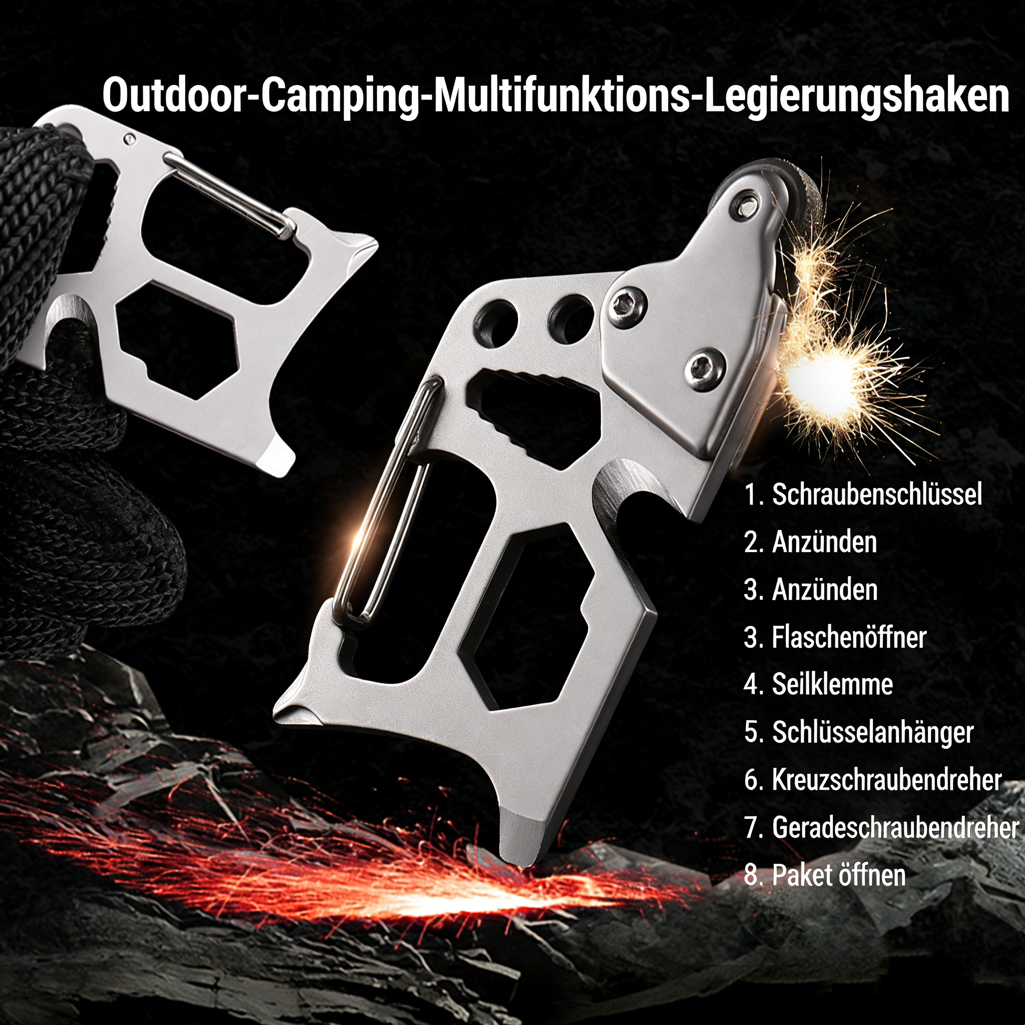 5-in-1 Survival Karabiner – Multifunktions-Tool mit Feuerstein & Messer – Outdoor Notfall-Ausrüstung für Camping & Wandern