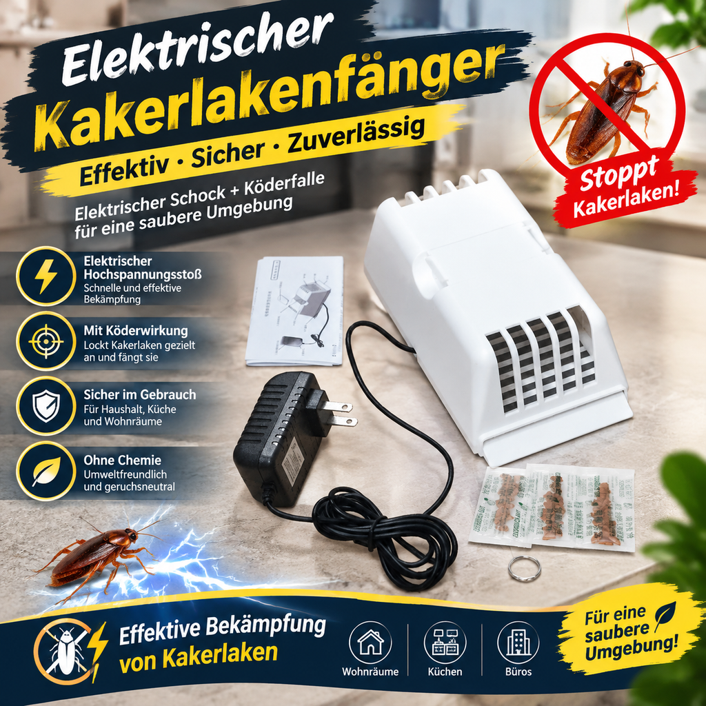 Elektrischer Kakerlakenfänger & Vernichter mit Köder – Hochleistungs Schabenfalle mit 2,8m Netzkabel & 3 Köderbeuteln, Ungiftiges Elektrisches Ungeziefermittel für Küche, Bad & Haushalt
