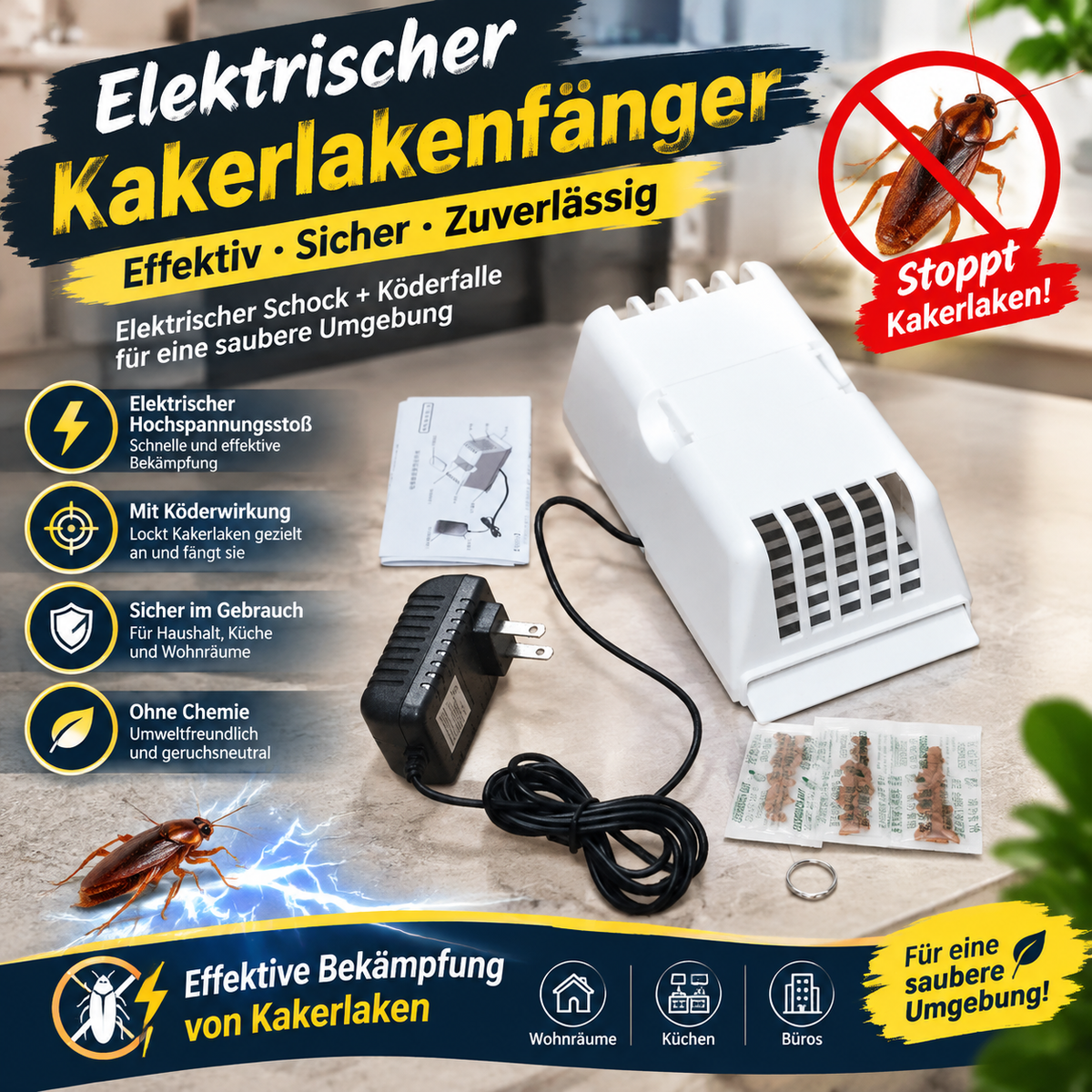 Elektrischer Kakerlakenfänger & Vernichter mit Köder – Hochleistungs Schabenfalle mit 2,8m Netzkabel & 3 Köderbeuteln, Ungiftiges Elektrisches Ungeziefermittel für Küche, Bad & Haushalt