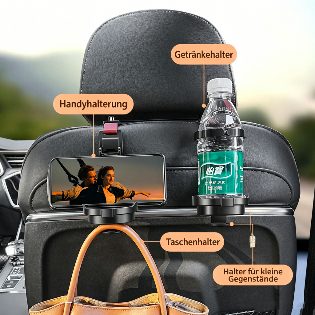 Multifunktionaler Auto Rücksitz Organizer: Kopfstützen-Haken mit Becherhalter & Handyhalterung