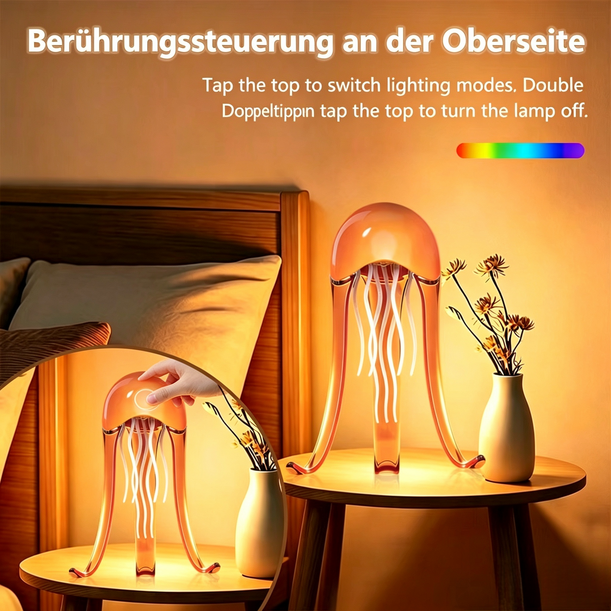 Quallen-Tischlampe mit Dynamisch Schwingenden Tentakeln Nachtlicht, Sanfter RGB-Farbwechsel, Berührungssteuerung an der Oberseite, Flüsterleise