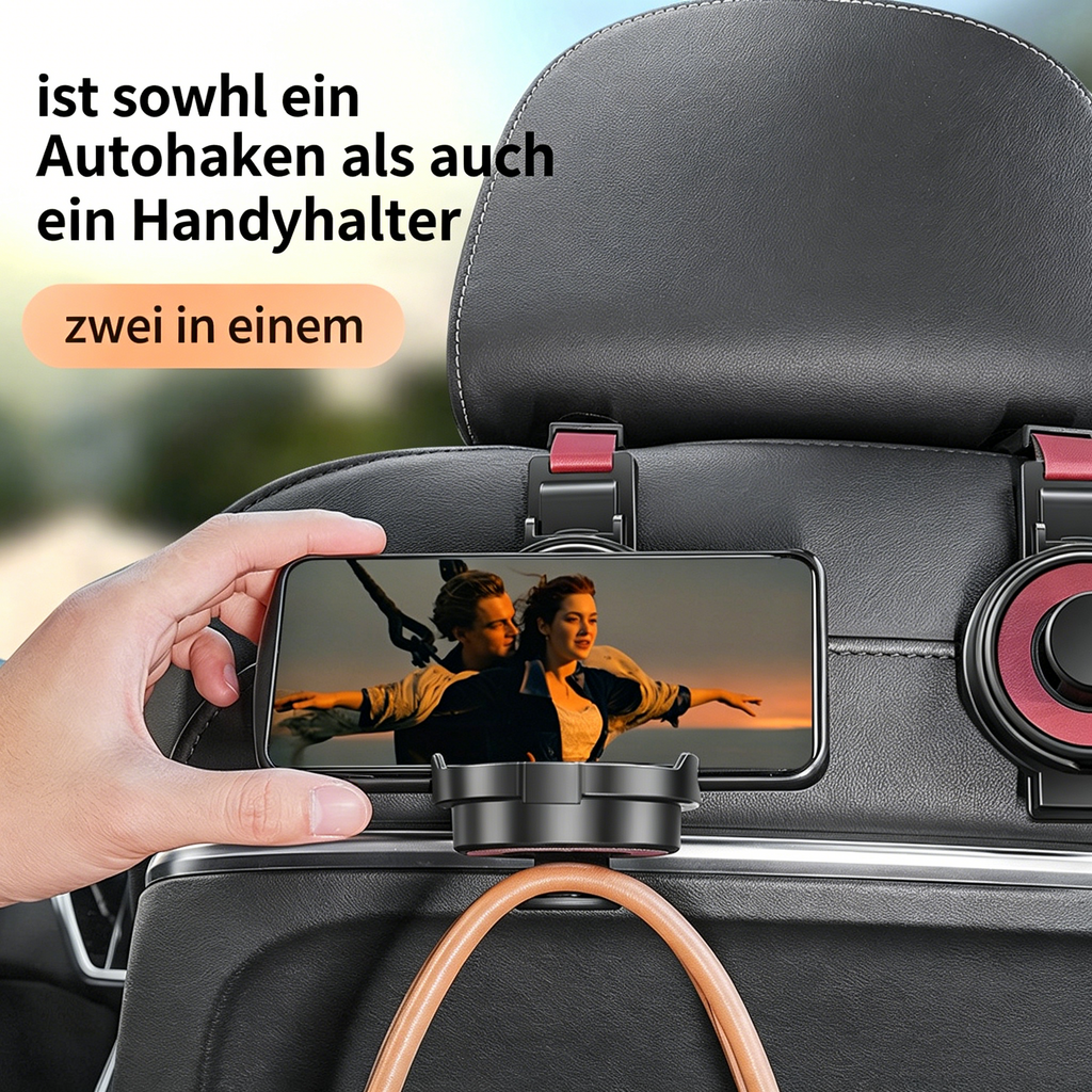 Multifunktionaler Auto Rücksitz Organizer: Kopfstützen-Haken mit Becherhalter & Handyhalterung