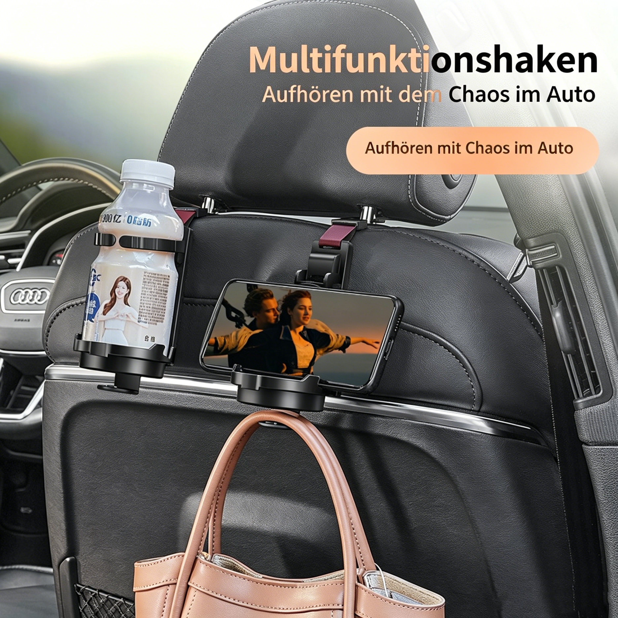 Multifunktionaler Auto Rücksitz Organizer: Kopfstützen-Haken mit Becherhalter & Handyhalterung