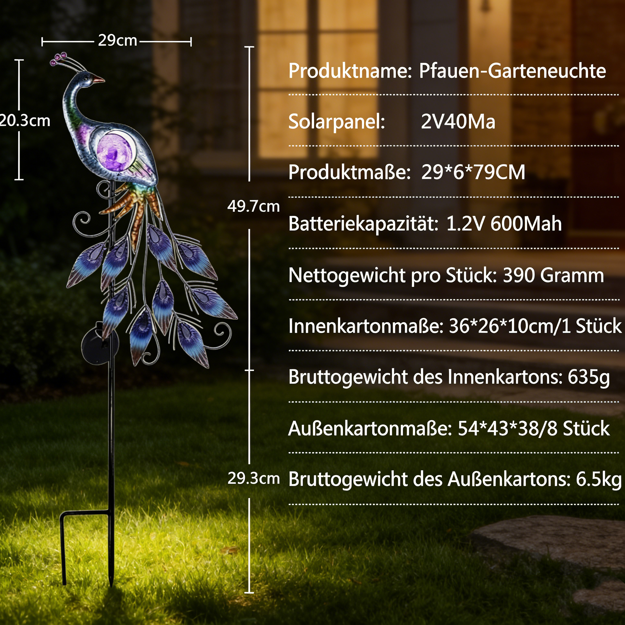 Dekorative Solar Gartenfigur Pfau mit LED Beleuchtung Wetterfester Gartenstecker aus Schmiedeeisen Stimmungsvolles Licht für Terrasse und Rasen Bunt