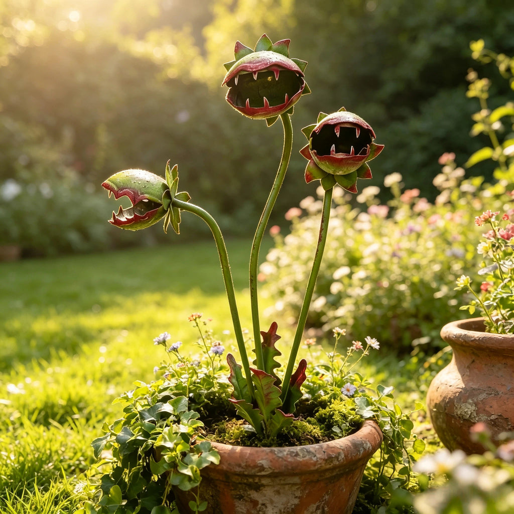 Gartenstecker Fleischfressende Pflanze aus Metall – Kunstvoller Venusfliegenfalle Beetstecker für Garten, Rasen, Vorgarten & Halloween Deko
