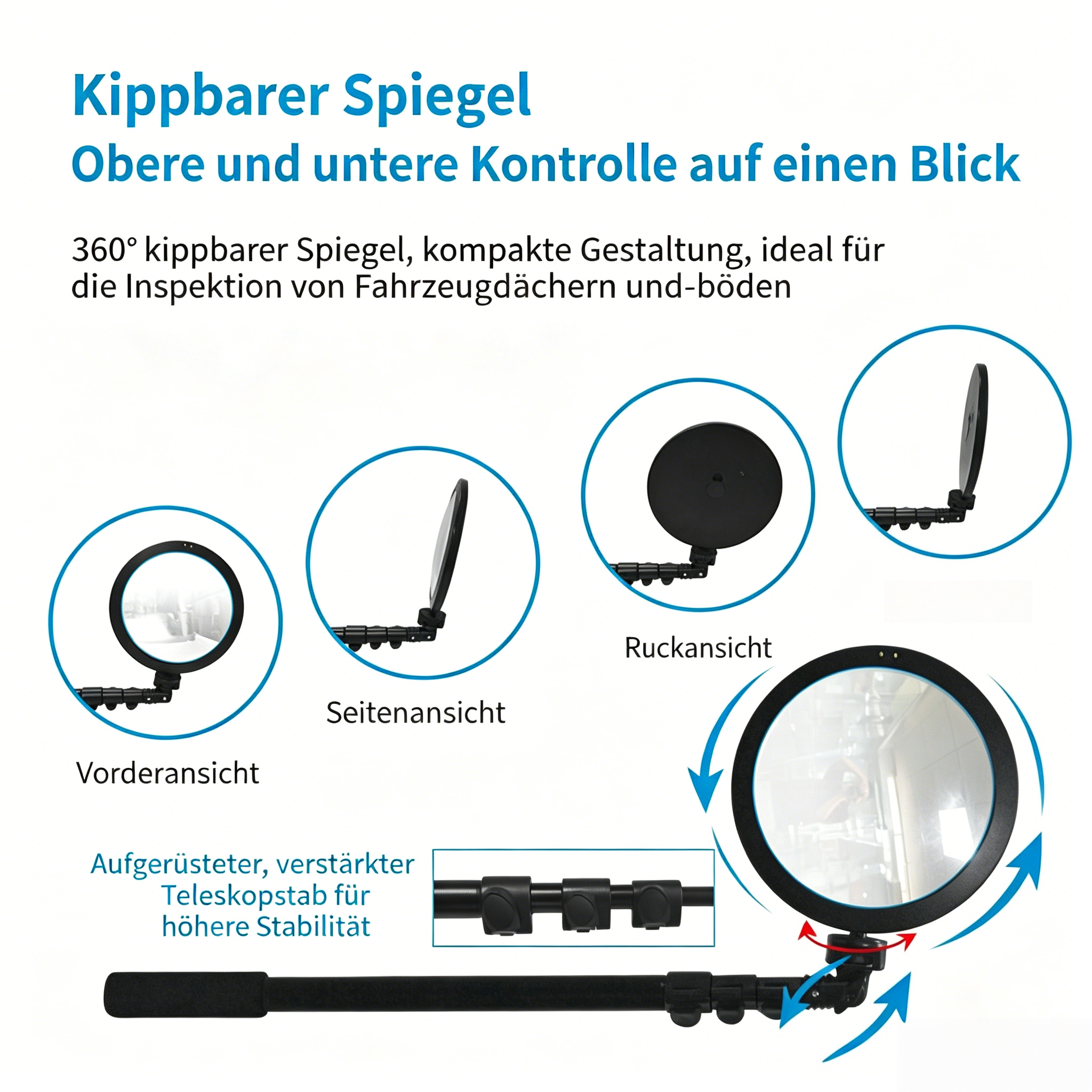 V16 Kontrollspiegel mit LED-Beleuchtung: 16cm Acryl Konvexspiegel für Unterboden- & Fahrzeugkontrolle