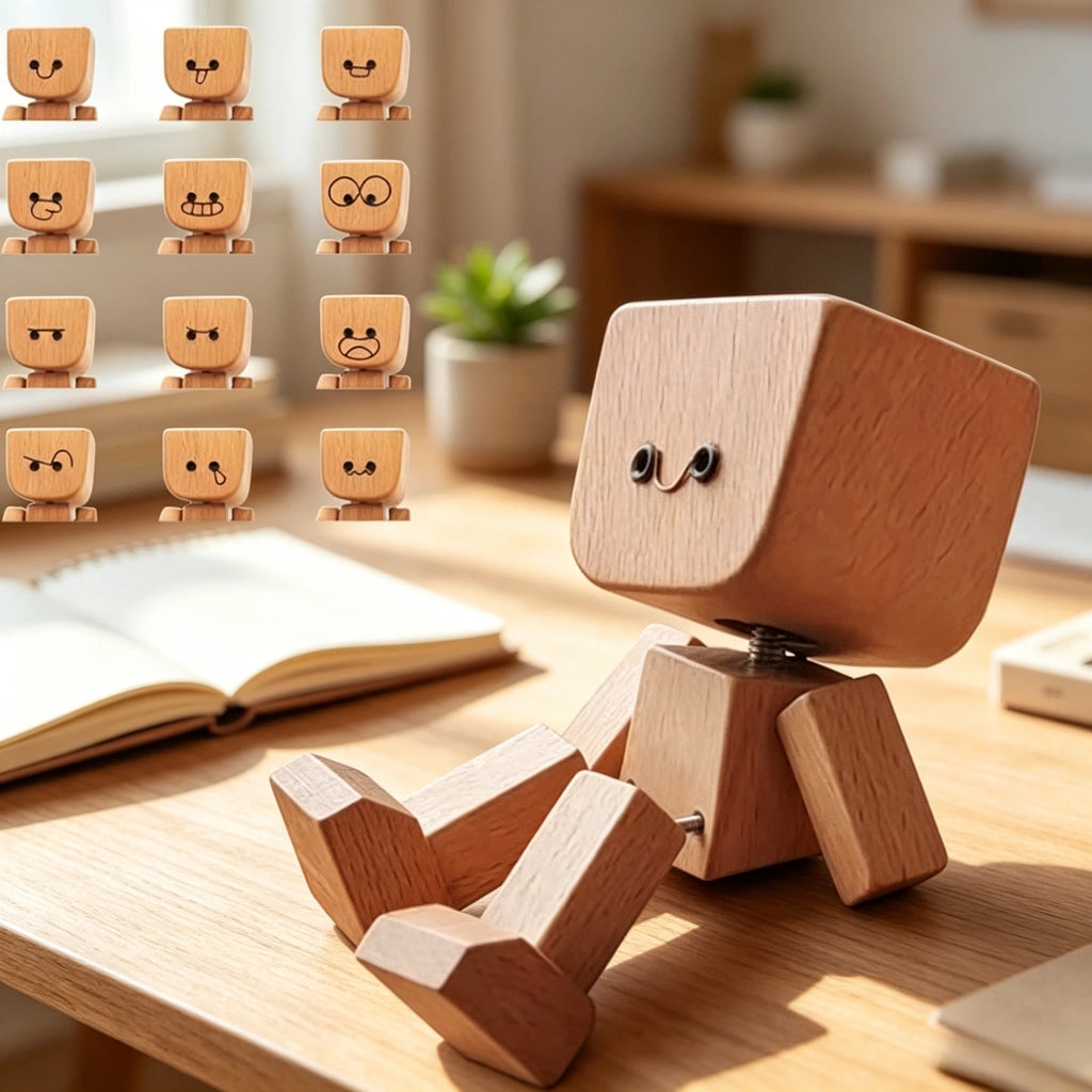 Niedliche Holz Roboter Figur mit Wechselbaren Gesichtern – Handgefertigte Deko Holzpuppe für Schreibtisch, Wohnzimmer & Kinderzimmer – Kreative Geschenkidee für Kinder & Erwachsene