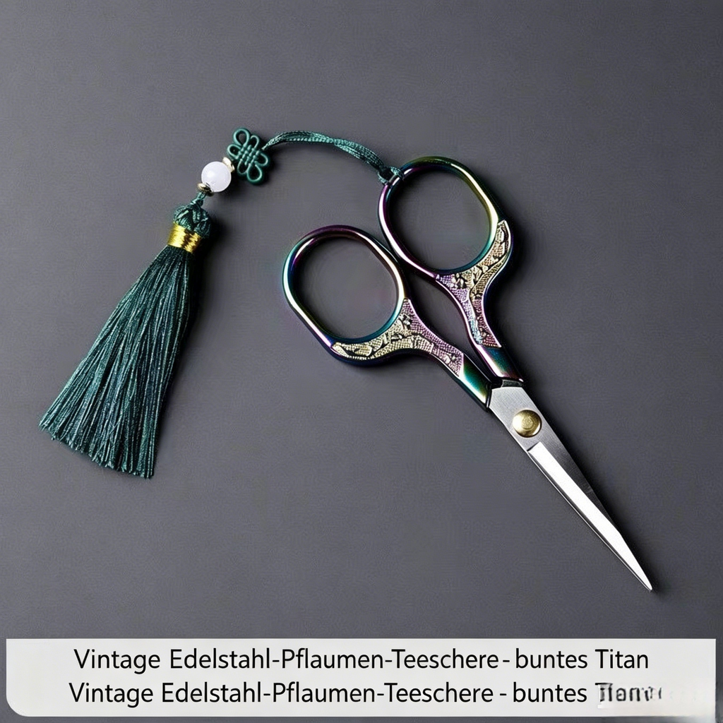 Vintage Stickschere aus Edelstahl in Regenbogen-Optik: Feine Teeschere mit Pflaumenblüten-Muster