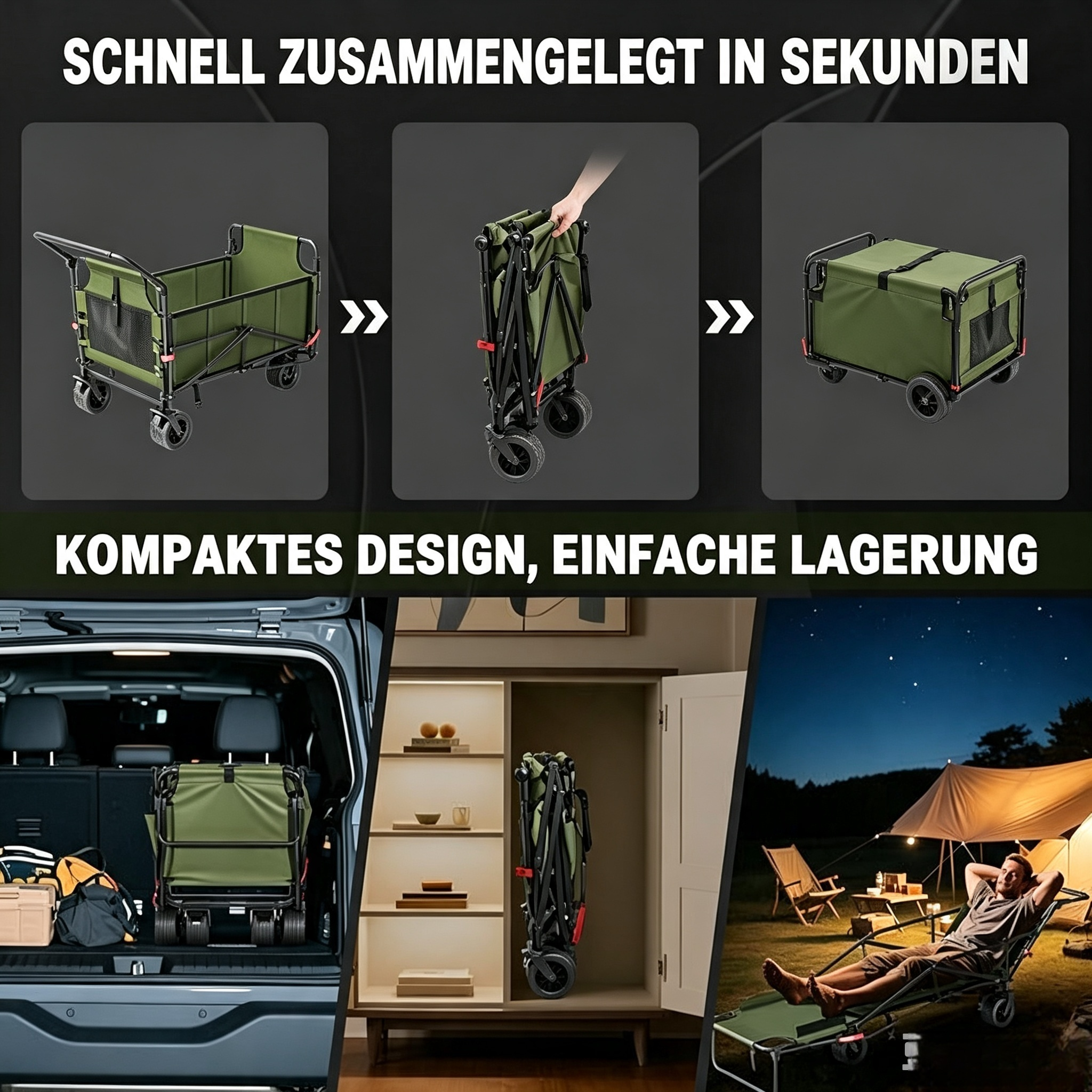 3-in-1 Bollerwagen Faltbar mit Liegefunktion (Bis 200 kg) – Allterrain Transportwagen Klappbar mit 360° Rädern – Handwagen für Camping, Strand, Garten & Einkauf