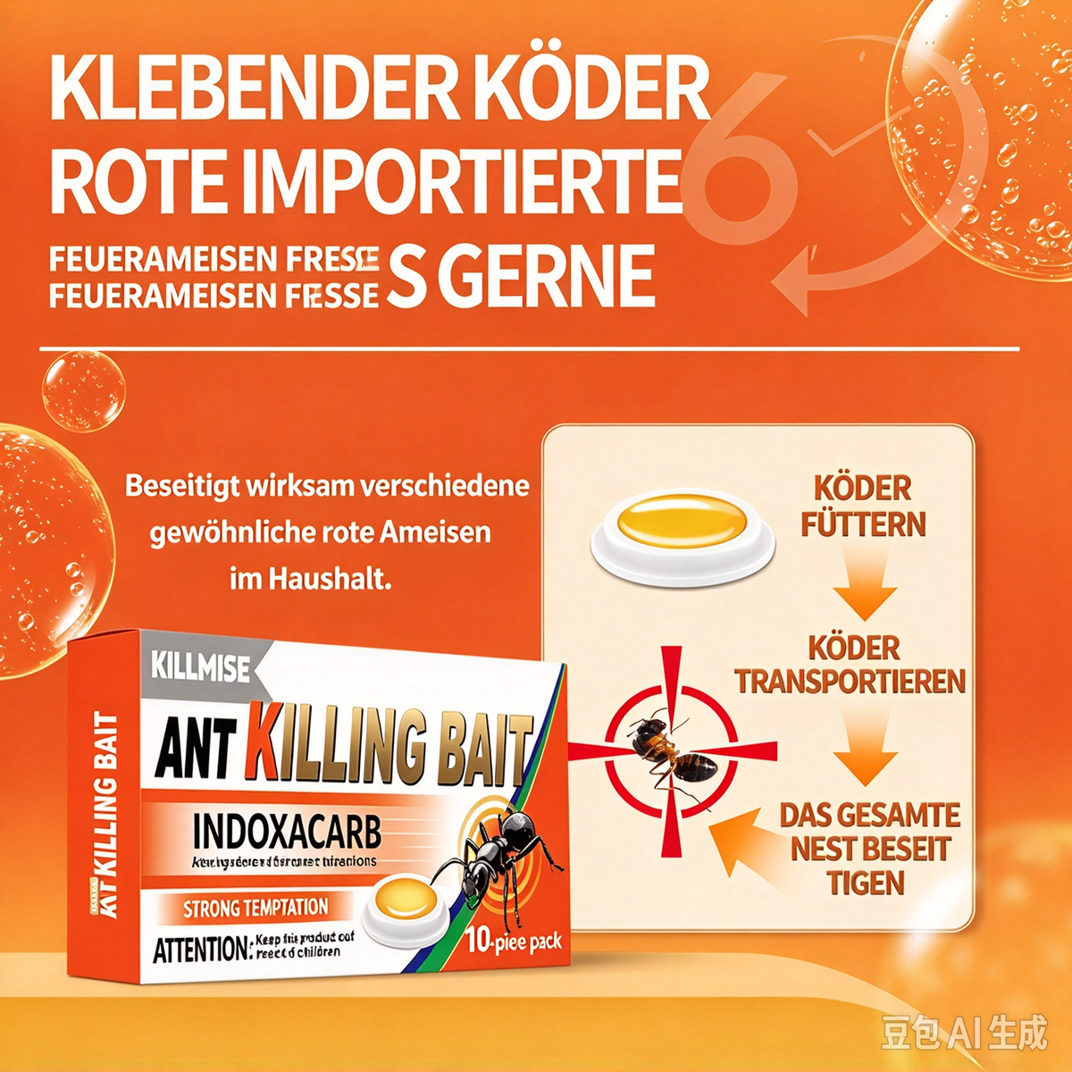 Ameisen-Köder Dose 10 Stück – Starkes Ameisengift mit Indoxacarb (0,1%), Effektiv gegen Rote Feuerameisen & Hausameisen, Nestwirkung für Innen & Außen