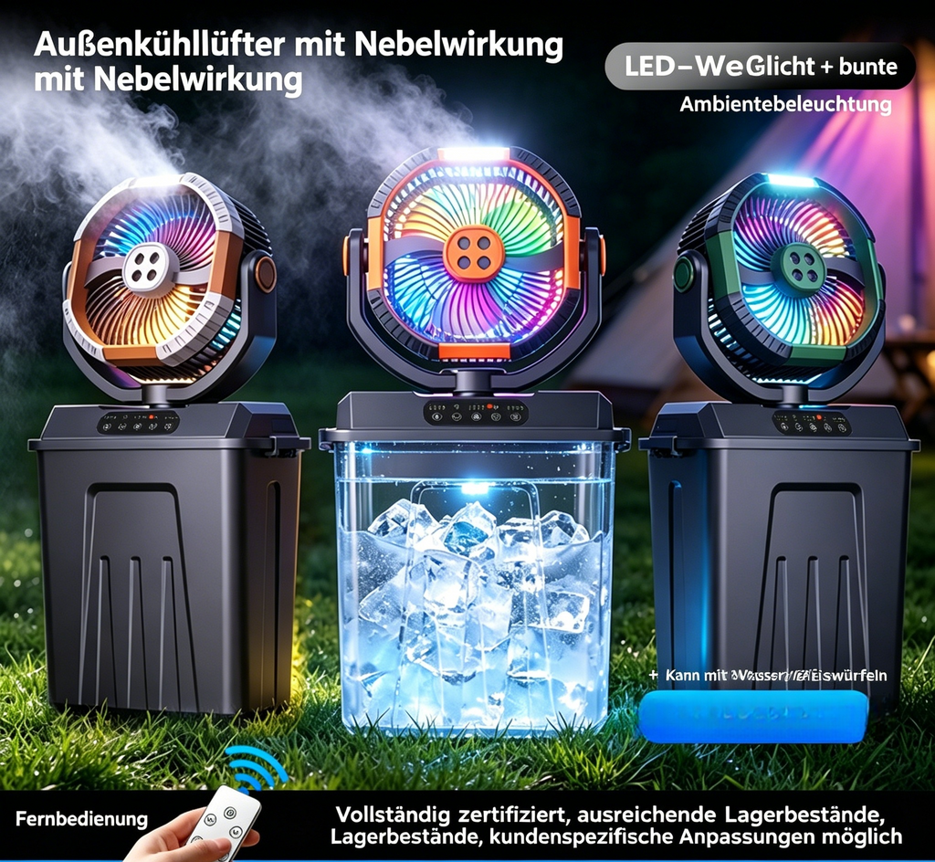 Multifunktions Camping Ventilator mit Licht & Sprühnebel: Oszillierender USB-Akku-Lüfter für Zelt
