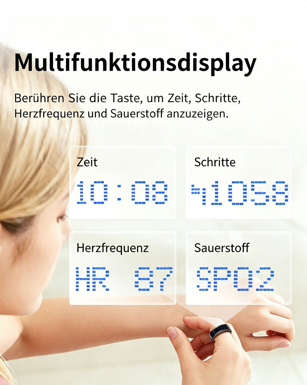 Smart Ring mit LED-Display & Gestensteuerung – IP68 Wasserdichter Fitness Tracker (4-6g) – Herzfrequenz, SpO2, Schlaf- & Schrittzähler, Anrufbenachrichtigung