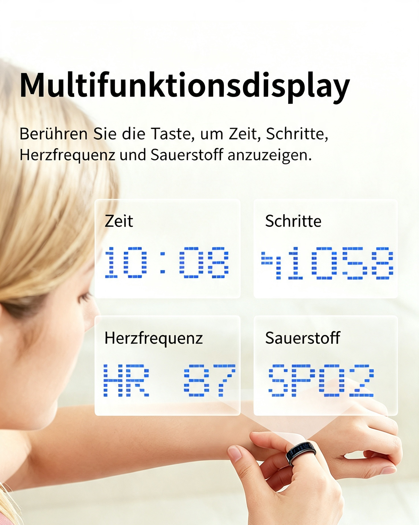 Smart Ring mit LED-Display & Gestensteuerung – IP68 Wasserdichter Fitness Tracker (4-6g) – Herzfrequenz, SpO2, Schlaf- & Schrittzähler, Anrufbenachrichtigung