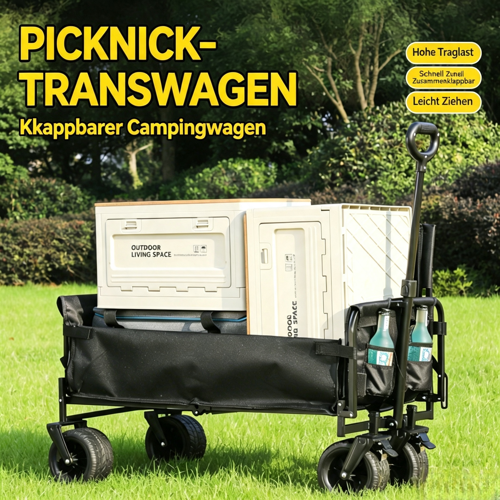 3-in-1 Bollerwagen Faltbar mit Liegefunktion (Bis 200 kg) – Allterrain Transportwagen Klappbar mit 360° Rädern – Handwagen für Camping, Strand, Garten & Einkauf