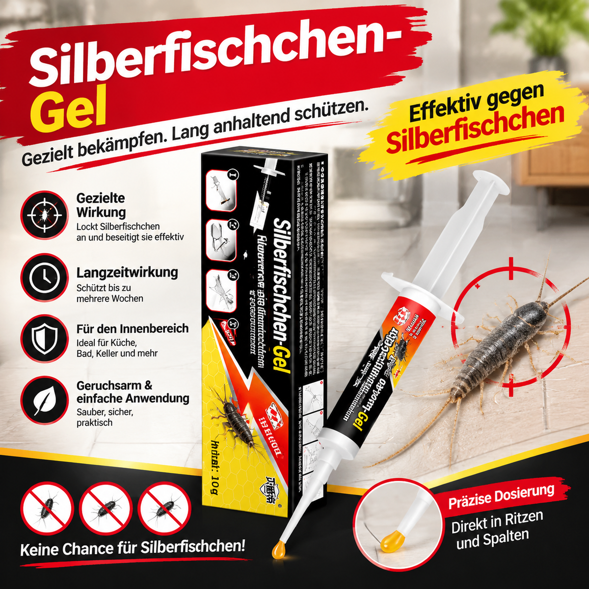 Silberfischchen-Gel (2er-Set / 2x10g) – Effektives Mittel gegen Silberfischchen im Haus, Präzise Spritze für Ritzen & Spalten, Langzeitwirkung für Bad & Küche