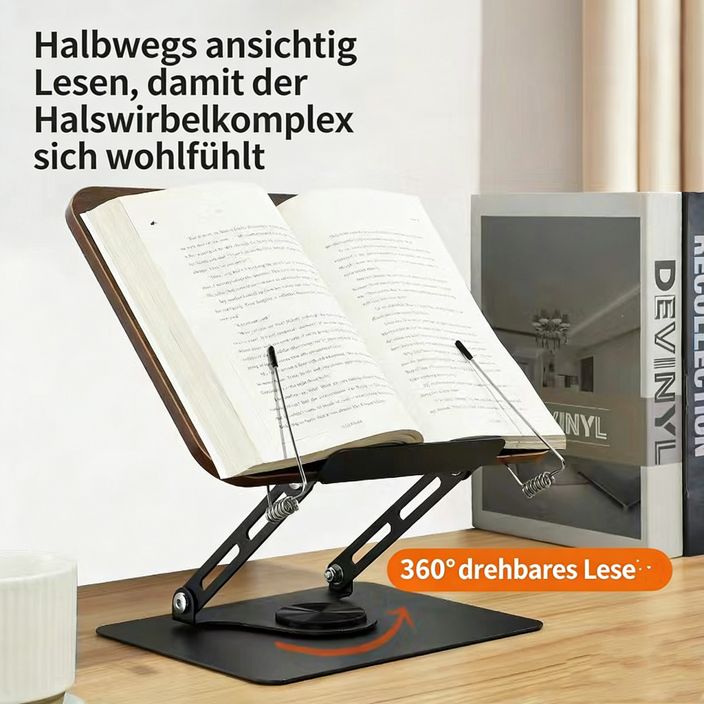 360° Drehbarer Leseständer in Holzoptik – Höhenverstellbarer Buchständer für Kinder & Erwachsene – Multifunktionale Halterung für Bücher, Tablets & Kochbücher