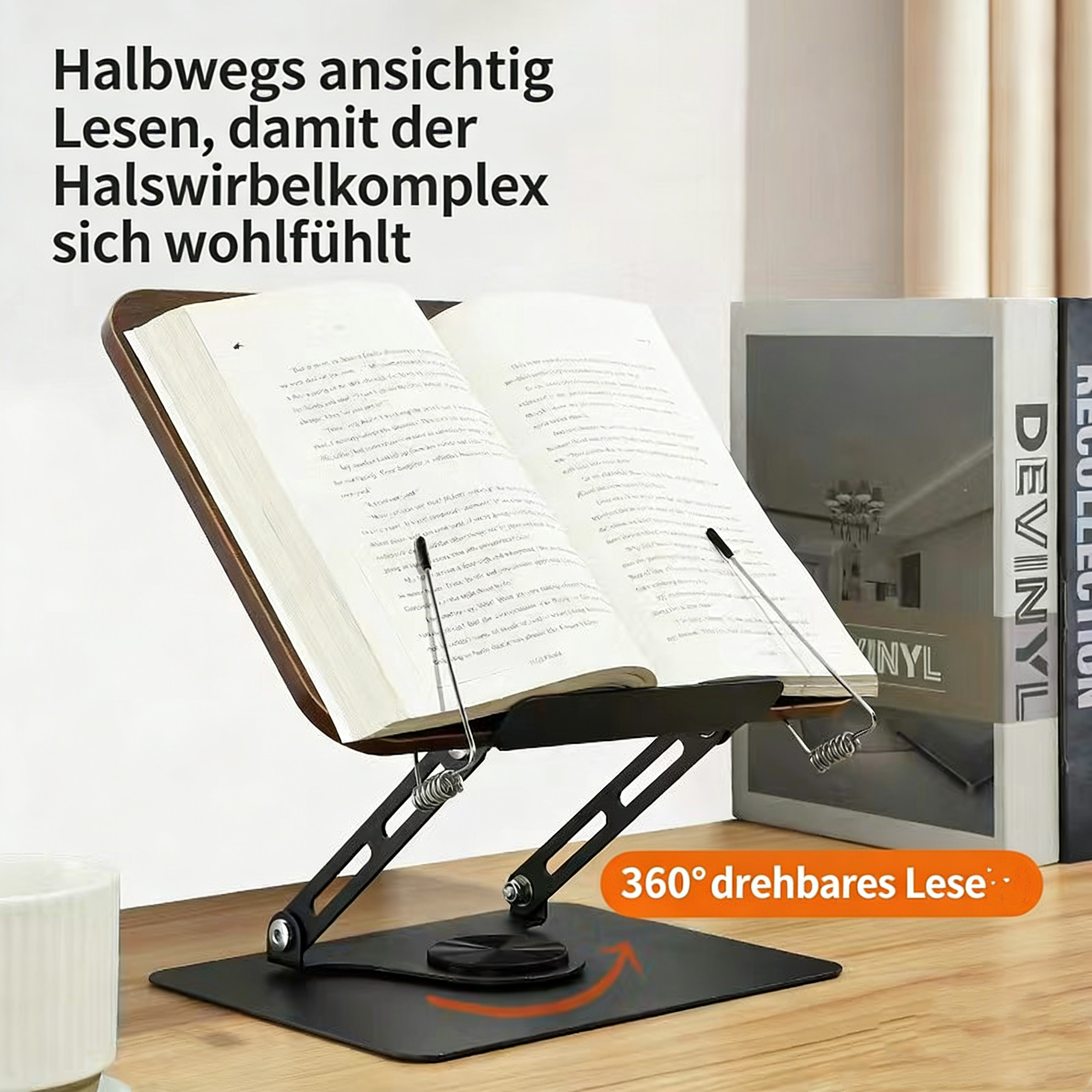 360° Drehbarer Leseständer in Holzoptik – Höhenverstellbarer Buchständer für Kinder & Erwachsene – Multifunktionale Halterung für Bücher, Tablets & Kochbücher