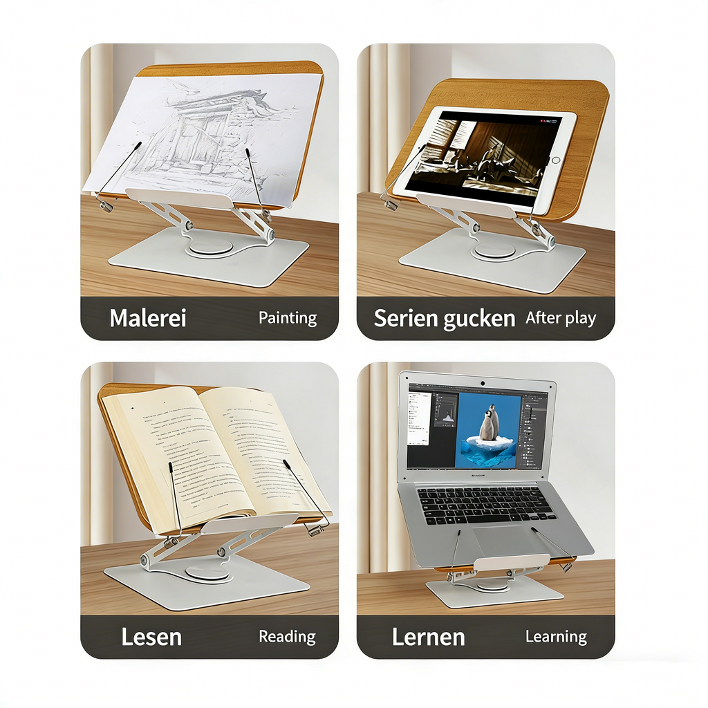 360° Drehbarer Leseständer in Holzoptik – Höhenverstellbarer Buchständer für Kinder & Erwachsene – Multifunktionale Halterung für Bücher, Tablets & Kochbücher