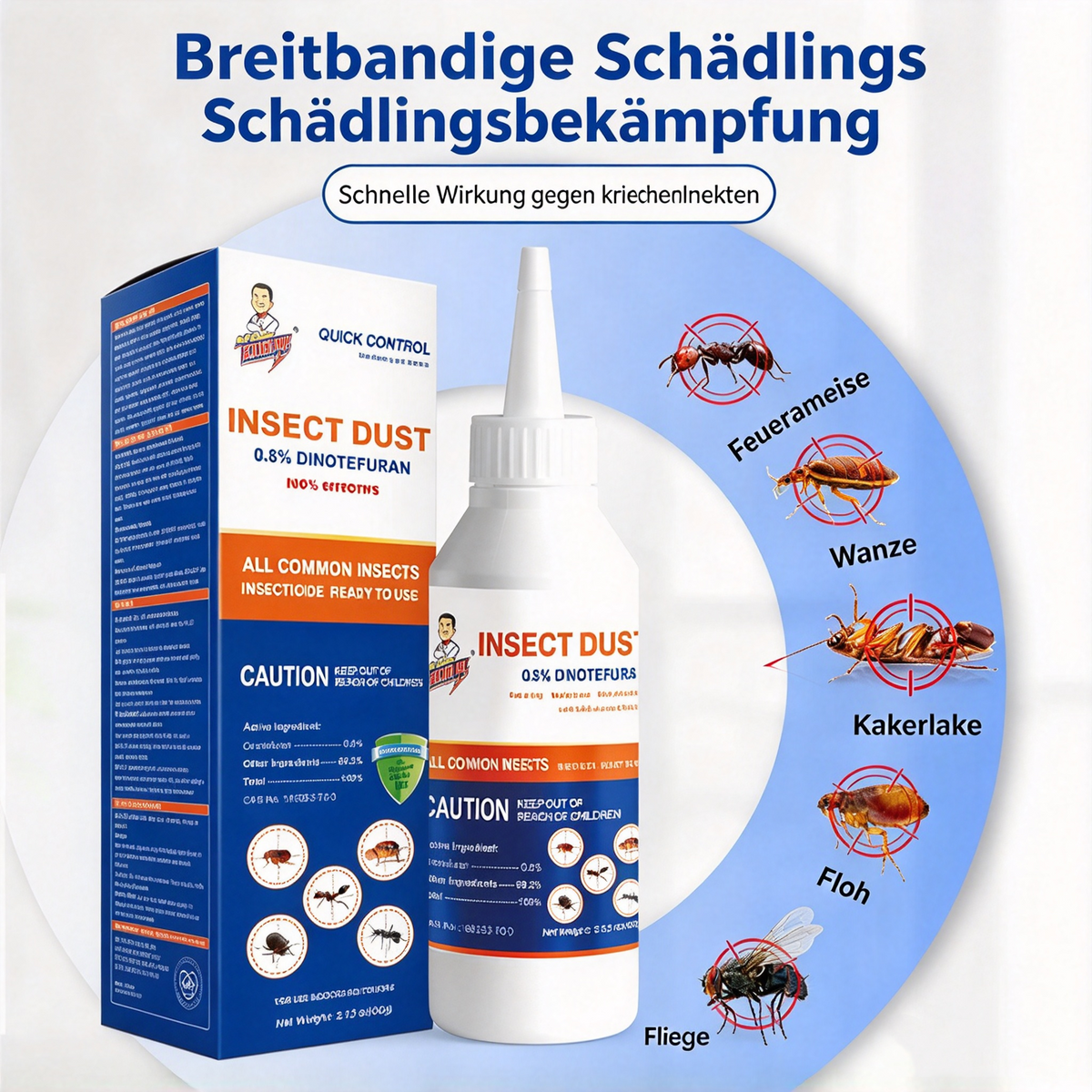 Insektenkiller Köder-Gel & Pulver mit 0,8% Dinotefuran (60g) – Effektives Ungeziefermittel gegen Kakerlaken, Ameisen, Wanzen & Flöhe, Präzise Anwendungsflasche für Küche & Haushalt