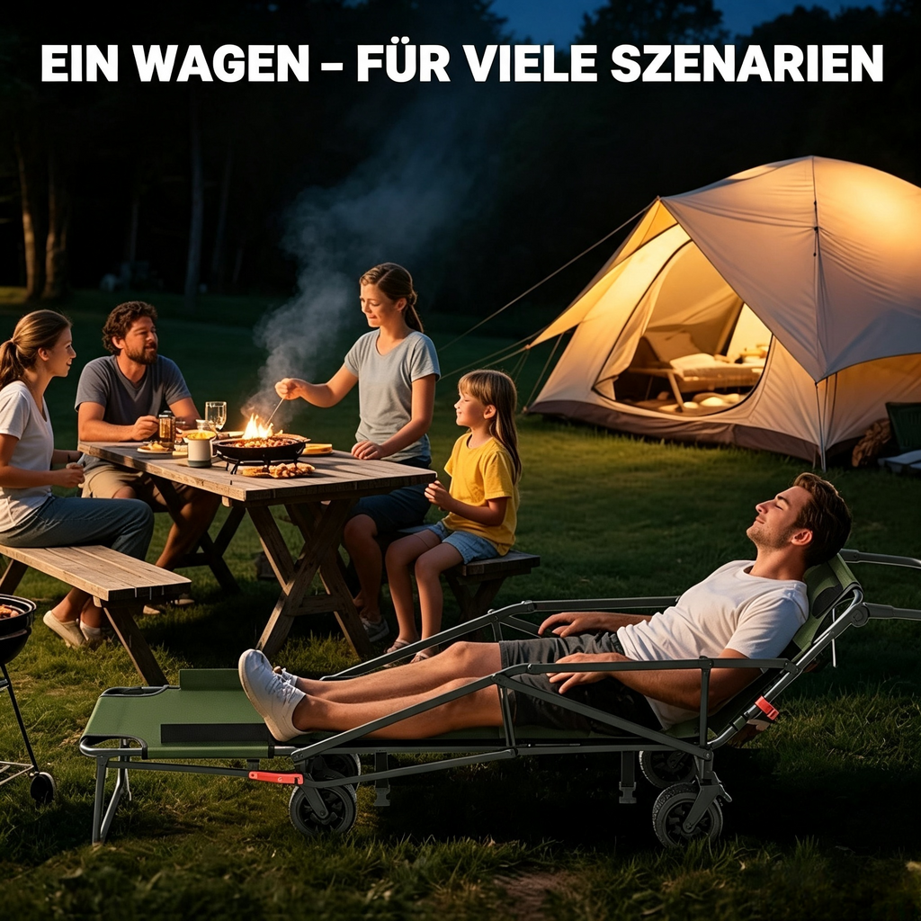 3-in-1 Bollerwagen Faltbar mit Liegefunktion (Bis 200 kg) – Allterrain Transportwagen Klappbar mit 360° Rädern – Handwagen für Camping, Strand, Garten & Einkauf
