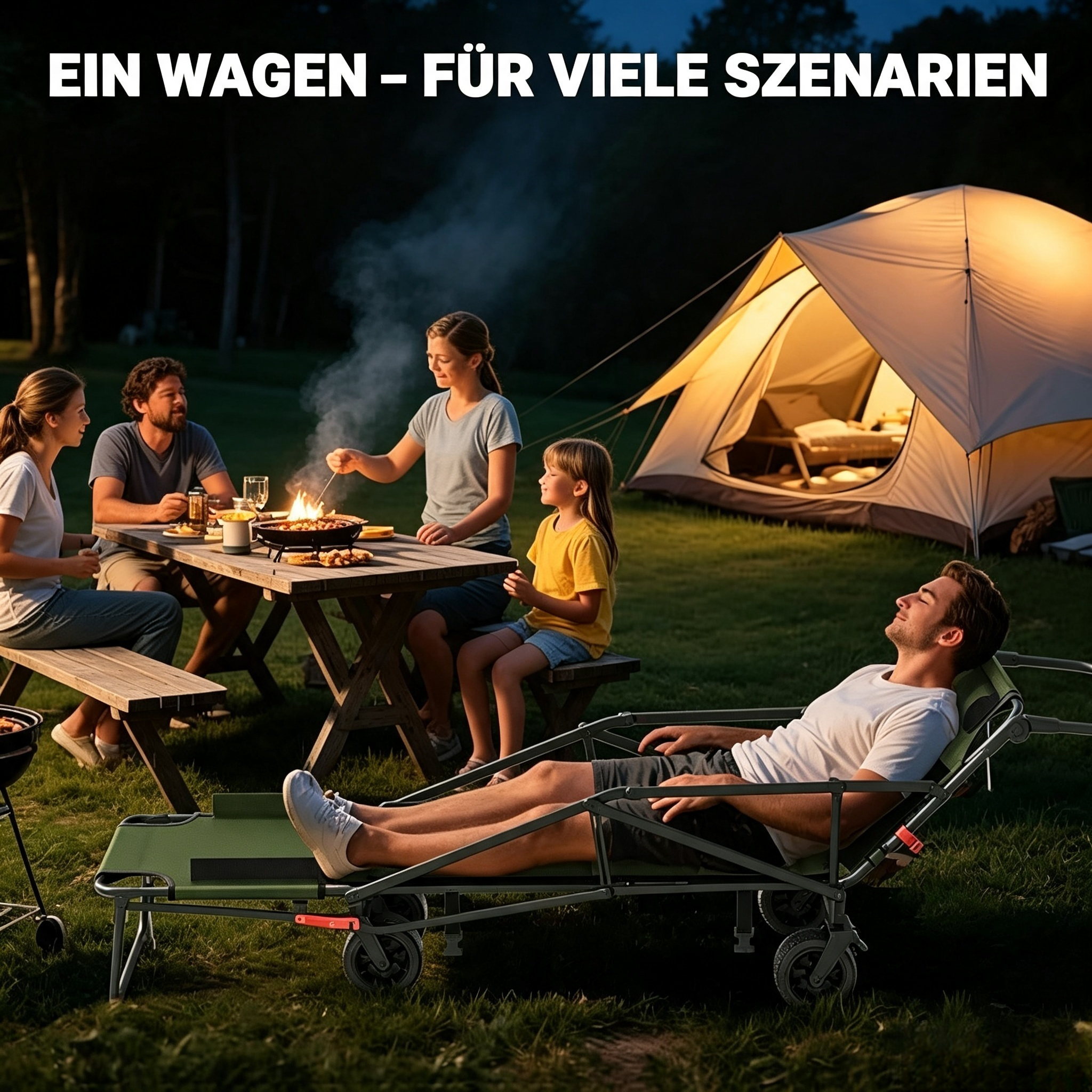 3-in-1 Bollerwagen Faltbar mit Liegefunktion (Bis 200 kg) – Allterrain Transportwagen Klappbar mit 360° Rädern – Handwagen für Camping, Strand, Garten & Einkauf