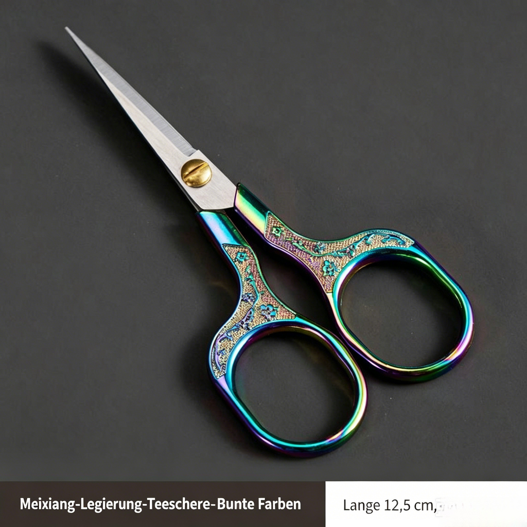 Vintage Stickschere aus Edelstahl in Regenbogen-Optik: Feine Teeschere mit Pflaumenblüten-Muster